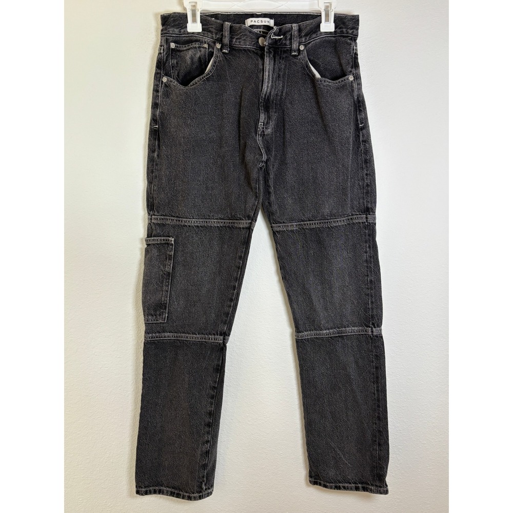 PacSun Mens Baggy Double Knee Cargo Jeans 30x32 Washed Black Denim Pockets